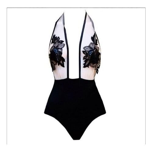 Women Fashion Bodysuits Sexy Black Halter Voile Spliced Floral Pattern Backless Womens Jumpsuits One Piece Bodysuit