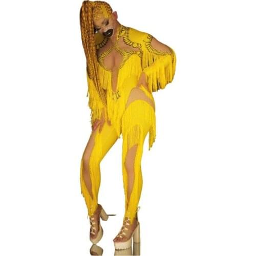 Women New Yellow Tassel Latin Jumpsuit Birthday Celebrate Stage Costume Dance Fringes Outfit Loophole Jumpsuit