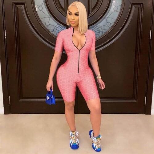 Women Summer Short Sleeve Workout Fitness Bodycon Rompers Jumpsuits 2021 Sporty Casual Solid Zipper Biker Shorts Playsuit