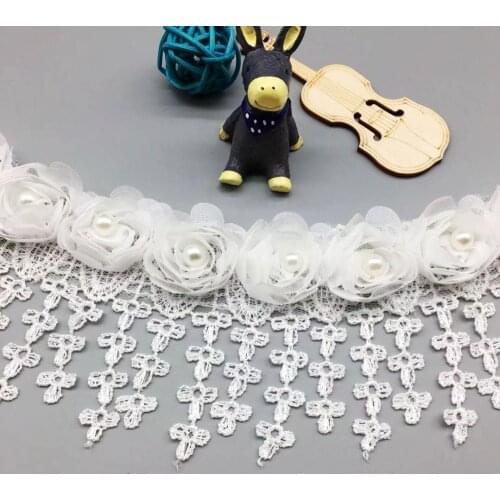 2yards Chiffon Lace Trim Fabric Appliqued Wedding Bridal Lace Border Trims 3D Rose Flower Embroidered Sewing Apparel Accessories