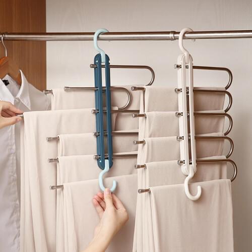 5 layers S Shape Cloakroom storage artifact wardrobe finishing double hook stainless steel folding pants rack drying rack