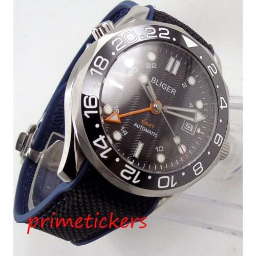 Automatic 41mm BLIGER date display black dial GMT function sapphire glass brushed glass rubber strap mens watch