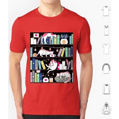 Library Cats-Winter Colour Version T Shirt Cotton Men DIY Print Animal Black Book Bookshelf Branch Candle Cartoon Cat Cleaning