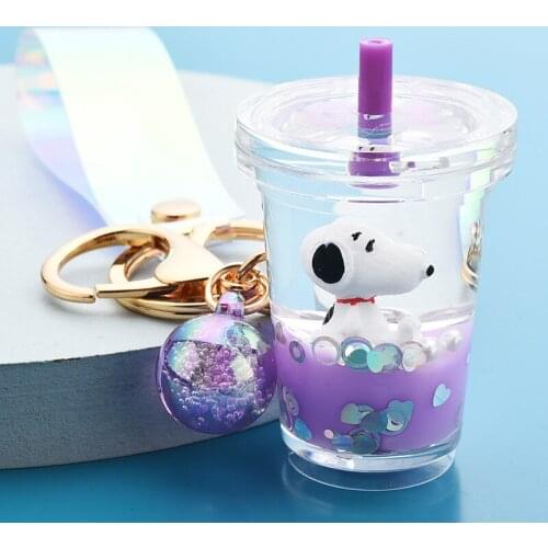 Glitter Quicksand Keychain Liquid Floating White Beagle Key Chain Bag Pendant Charm Keyring Milk Tea Cup Keyfob Gift For Friends