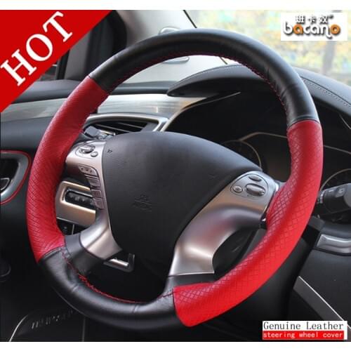 BACANO 38cm Genuine Leather Auto Car Steering Wheel Cover Soft Anti-slip Car Steering Cover Black Braid With Needles and Th