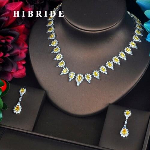 HIBRIDE Fashion Sparkly Yellow Cubic Zirconia Pave Dubai Full Jewelry Sets For Women Earring Necklace Set Christmas Gift N-321