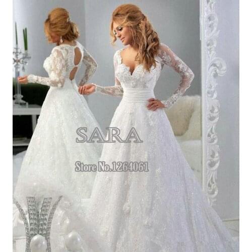 Exquisite Tull Lace Beaded V Neck Long Sleeve A Line Wedding Dresses Barcelona 2016 Designer Vestido De Noiva Bridal Gown