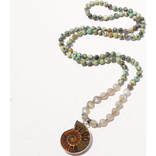 Lii Ji Turquoise Labradorite Stone Long Necklace Ammonite Pendant Necklaceb Boho Neklace Women Jewelry Gift 80cm/32inches