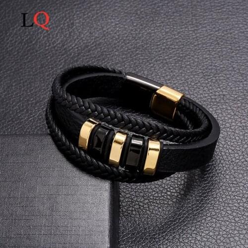 Fashion Black Braid Rope Genuine Leather Bracelet Stainless Steel Wrap Charm Bracelet Men Women Punk Luxury Jewelry homme Gifts