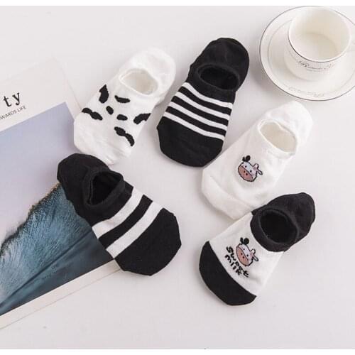 Socks Woman Cow Stripes Spot Cotton Invisible Summer Boat No Show Socks Women Black White Short Low Cut Slippers Silicone Socks