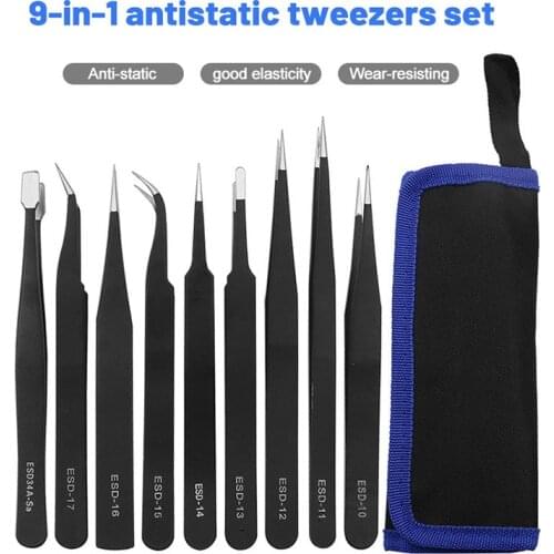 9Pcs ESD Tweezer Anti-static Stainless Steel Precisiion Tweezers With Storage Bag For Electronics Nail Beauty