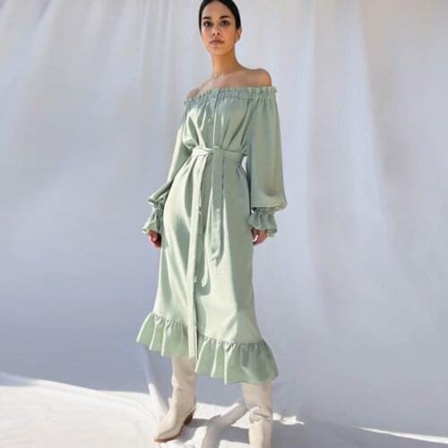 MUICHES Slash Neck Lantern Sleeve Mid-Calf Dress Woman Edible Tree Fungus Single Breasted Sashe Loose Waist Dress 2021 New Chic