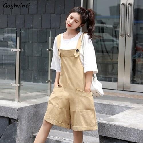 Plus Size S-4XL Women Rompers Half Solid Pockets Button Wide Leg Cargo Playsuits Students Unisex Korean Style Leisure Oversize