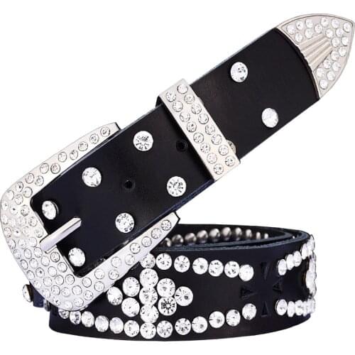 Fashion genuine leather belts for women Luxury rhinestone womens belt Quality cow skin waist strap female for jeans Width 3.3