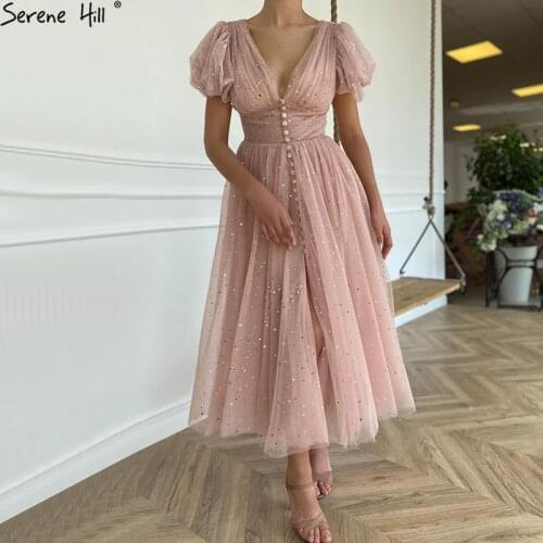 Serene Hill Pink V-Neck Sexy Evening Dresses Short Puff Sleeves Ankle Length Formal Dress Design 2021 LA70697