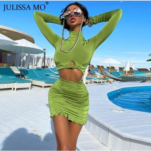 JULISSA MO Sexy Two Piece Set for Women 2021 Autumn Long Sleeve Hollow Out Tops Ruched Mini Skirt Suits Ladies Casual Outsuits