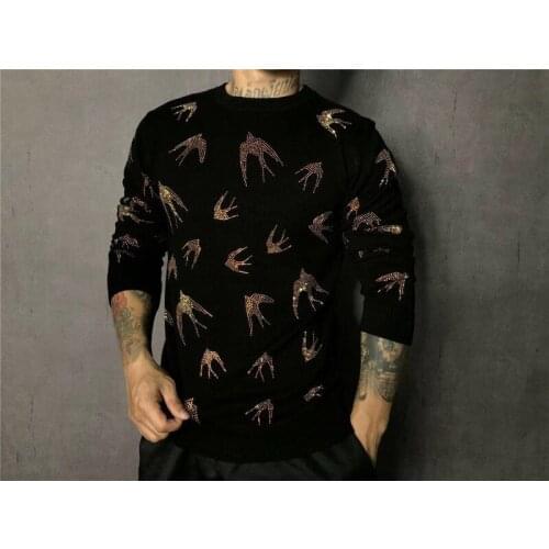 100%real luxury mens black bird rhinestone beading T shirt club/stage performance/studio/Asia size/this is only Tshirt