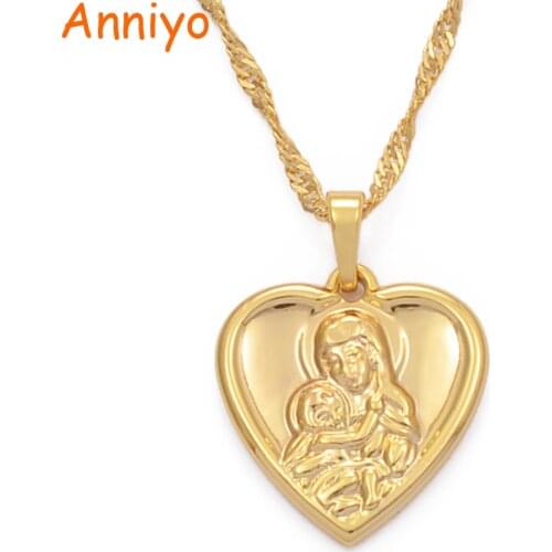 Anniyo Heart Gold Color Lady and Son Pendant Necklaces Religious Pilgrimage Jewelry Gifts for Women Girls #057704