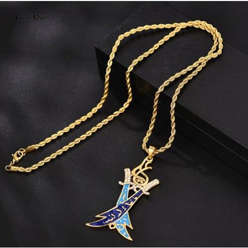 Arab Koran Knife Necklaces Imam Ali Sword Muslim Islam Allah Gold Color Arabic Knife Alcoran Pendant Jewelry