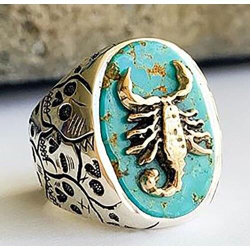 Bohemia Vintage Stone Mosaic Ring Band Carved Skull Scorpio Animal Large Oval Ancient National Knuckle Ring Jewelry