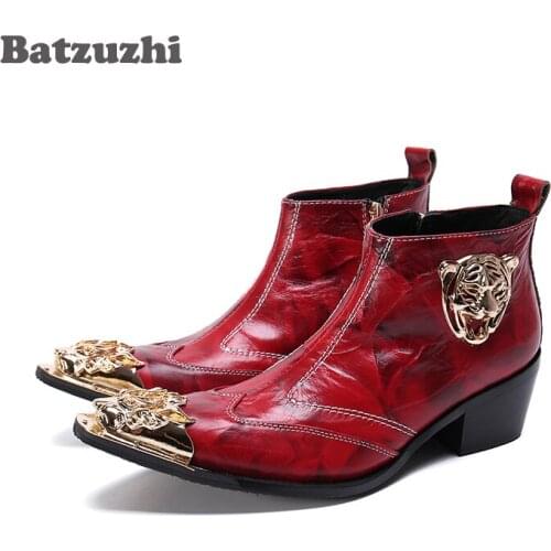 Batzuzhi Luxury Boots Men Pointed Metal Tip Soft Leather Ankle Boots Zip Red Wedding and Party Boots Bota Masculina, Big US6-12