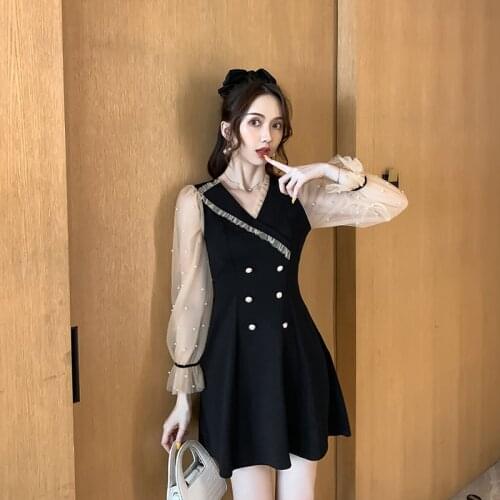 COIGARSAM Women one-piece dress korean New Spring Beading Mesh Dresses Black 8802
