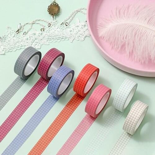 7colors Plaid Decorative Masking Paper Tape 15mm×10m Grid Printed Pattern Pure Color Washi Tape Sticky Adhesive Paper for DIY