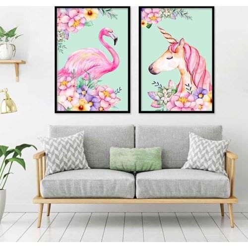 HAOCHU Unicorn Flamingo Poster For Living Room Home Decor Painting Print Poster Simple Nordic Wall Picture Canvas Painting