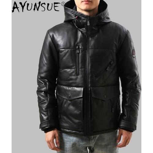AYUNSUE Mens Down Jacket Men Genuine Sheepkin Leather Jackets 90% White Duck Down Coat Male Hooded Clothes Hommes Veste LXR899