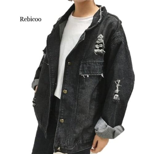 Rebicoo Casual Hole Denim Jacket New Spring Autumn Long Sleeve Black Single Breasted Fashion Loose Jeans Coat Women