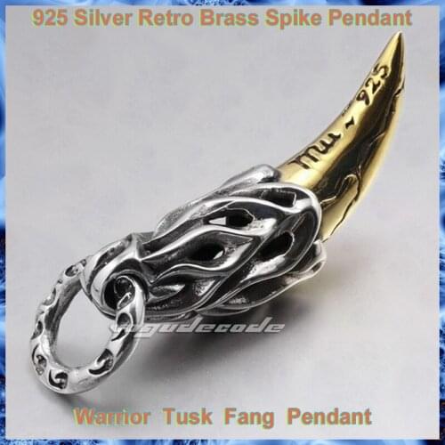 925 Sterling Silver Retro Brass Spike Pendant Cool Mens Punk Rock Knight Individuality Warrior Tusk Fang Pendant Necklace 8B5VC