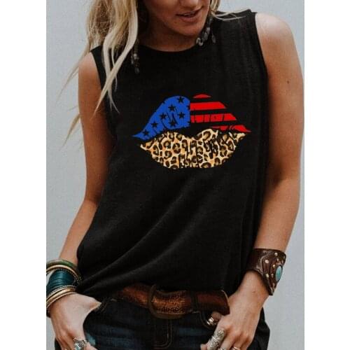 American flag lips Leopard Tank top Independence Day trendy tank Summer style Sleevele shirt women fashion casual vintage tops