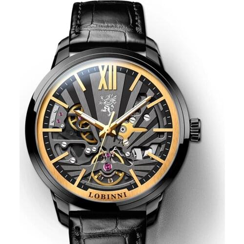 LOBINNI mens automatic watch,luxury mens wrist watches black mechanical wristwatches 50m waterproof skeleton Switzerland clock