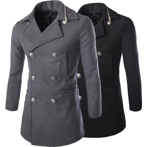 Casual Men Jacket Fashion Loose Wool Blends Coat Neckline Zipper Design Double Breasted Coat Jacket Male Long Outwear Overcoats