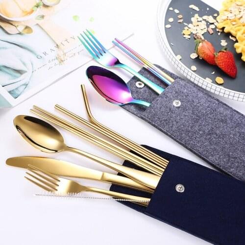 Stainless steel knife fork spoon straw chopsticks portable outdoor tableware bag set cutlery