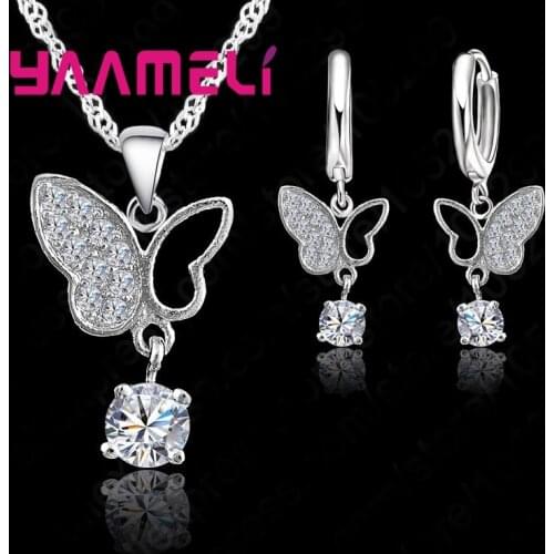 New Trendy Jewelry Sets S925 Sterling Silver Jewelry Butterfly Clear Cubic Zircon Necklace Pendant Hoop Earrings Jewelry Set