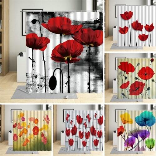 Red Flower Poppy Floral Shower Curtain Ink Painting Color Plant Scenery Bathroom Decor Polyester Hanging Curtain Sets With Hooks