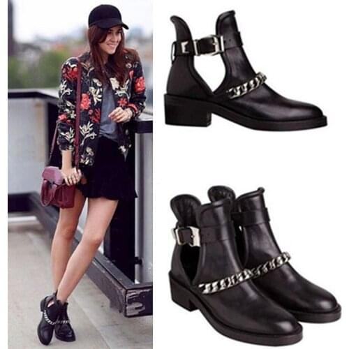 Moraima Snc Fashion Cutouts Riding Boots Woman Round Toe Thick Heels Ankle Boots Chains Decorations Motorcycle Leather Boots
