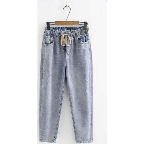 Plus Size XL-4XL Womens Elastic Waist Jeans Letter Embroidery Blue Pants Casual Ankle Trousers jeans woman