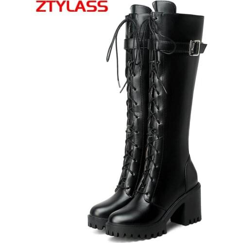 2021 Spring Autumn Lacing Knee High Boots Women Fashion White Square Heel Long Boots Woman Pu Leather Shoes Winter Large Size 43