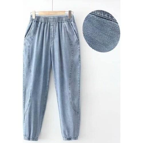 Womens Blue Jeans Pants Loose Stretched Elastic Waist New Tencel Thin Summer Style Harem High Waist Denim Bottoms Plus Size