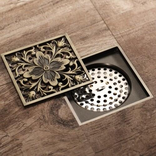 10x10cm European Style Carved Floor Drain Antique Brass Shower Floor Drain Bathroom Deodorant European Floor Drain