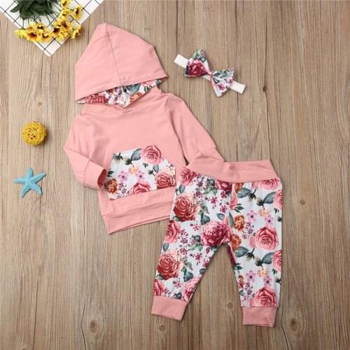 Toddler Newborn Baby Girls free shipping clothes Hooded pullover pocket Tops Flower print Pants bow Headband 3pc autumn outfits