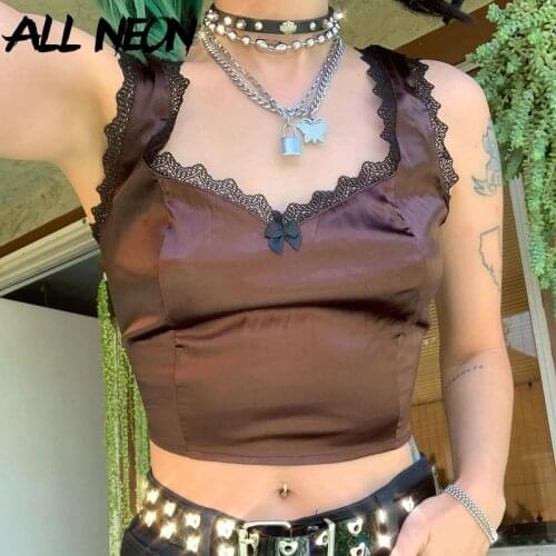 ALLNeon Y2K Fashion Solid Lace Trim Spaghetti Strap Cami Tops E-Girl Vintage V-neck Satin Brown Crop Tops 2000s Aesthetics Punk