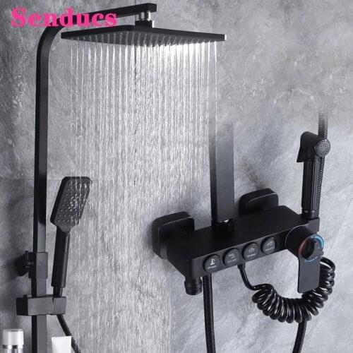 Black Thermostatic Shower Set with Quality Brass Bathroom Mixer Tap Rainfall Shower Head Wall Mounted Hot Cold Shower System