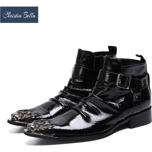 Christia Bella Solid Men Shoes Genuine Leather Boots New Fashion Simplicity Metal Pointed Toe Boots Big Size Short Buckle Boots