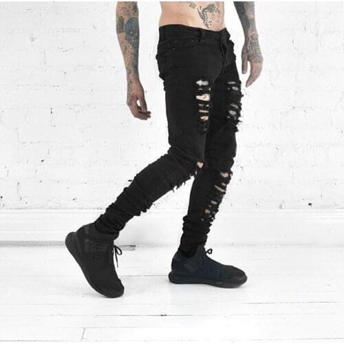 High street Ripped Jeans Skinny Fit Slim Jeans Men Pantalon Vaquero Hombre Denim Trousers Hip Hop Pants Hole Black Jeans For Men