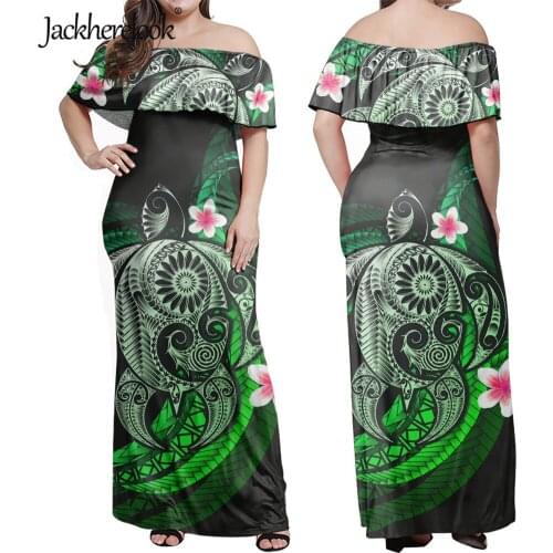 Jackherelook Polynesian Tribal Turtle Hibiscus Print Women Sexy Bodycon Off Shoulder Long Dress Lady Maxi Dresses Plus Size 7XL