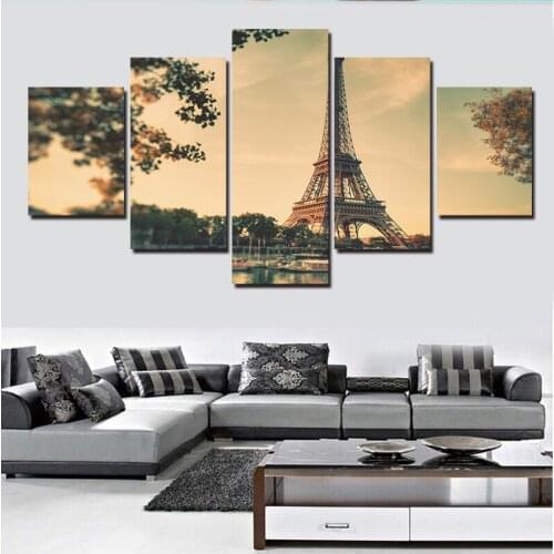 Five-Piece French Eiffel Tower Printed Canvas Painting Hd Modern Painting Art Wall Poster Home Decoration Mural Without Frame