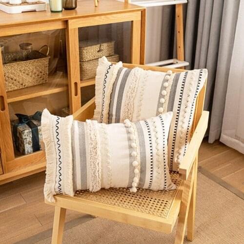Moroccan Tufted Embroidery Lumbar Pillow Case Bohemian Tassel Pom Poms Geometric Striped Decorative Cushion Cover